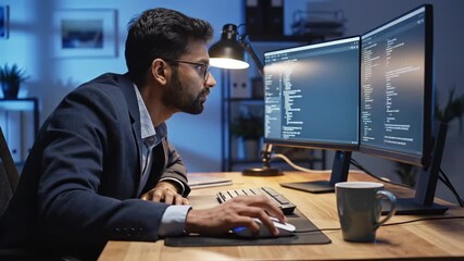 Male developer coding on computer at night. This IT professional works from home office, programming software. The developer is focused on his computer. This shows remote work and software development