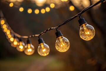 Warm glowing string lights with vintage edison bulbs illuminate a dark outdoor setting creating a cozy and festive atmosphere perfect for celebrations and evening gatherings