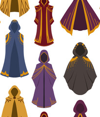 Vector seamless pattern with fantasy cloaks on white background. Texture with wizard clothing for games and concept art.