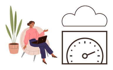Woman seated with laptop gestures towards cloud and speedometer, visualizing data, productivity, remote work. Ideal for cloud computing, efficiency, technology, data analysis, productivity remote