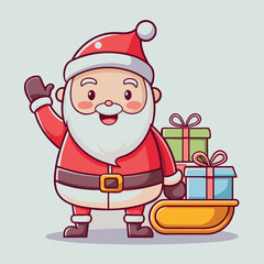 Adorable cartoon santa claus character cheerfully waving hello beside a festive sleigh overflowing with christmas gifts and presents