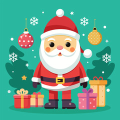 Charming cartoon santa claus with festive christmas trees and gifts celebrating the holiday spirit in a vibrant cmyk color palette with classic fonts