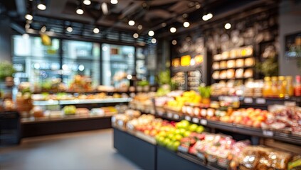 Blurred view of a well-stocked grocery store aisle with vibrant produce
