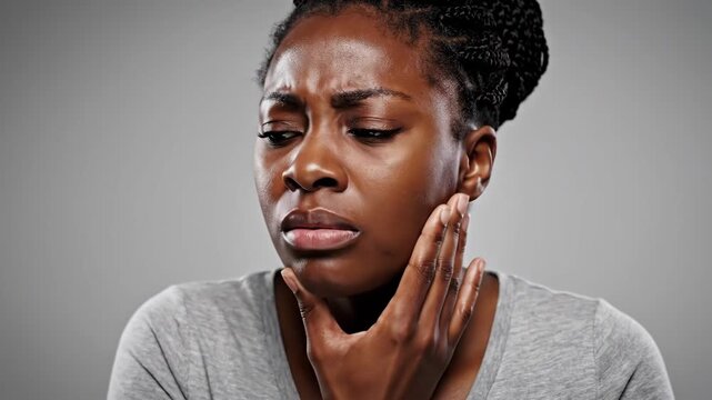 Woman Experiencing Pain, Touching Her Face Indicating Discomfort And Suffering Feelings