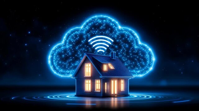 Smart home technology concept featuring glowing cloud and wifi symbol above illuminated house night, showcasing digital connection, wireless network, and cloud server communication for smart house