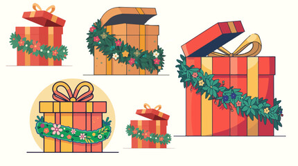Vector illustration of a stylized giftbox with a beautiful garland wrapped around it, created in a flat design style with bold lines, vibrant colors