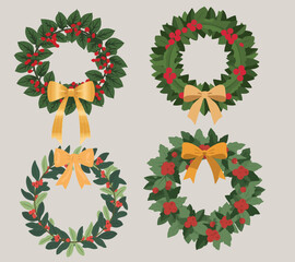 Vector illustration of a Christmas wreath decoration, created with a flat design style, featuring a circular arrangement of lush green leaves and vibrant red 