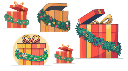 illustration of a stylized giftbox with a beautiful garland wrapped around it, created in a flat design style with bold lines, vibrant colors with png tranparent 