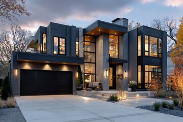 Modern luxury house with large glass windows high resolution picture
