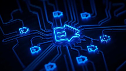 Smart home technology network with glowing blue icons connected by circuit lines, digital connection for home automation and advanced smart home system integration - Powered by Adobe