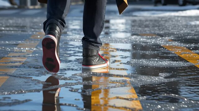 Black winter boots cross a glossy ice-covered road at a pedestrian crossing, showing dangerous slippery conditions in cold city weather