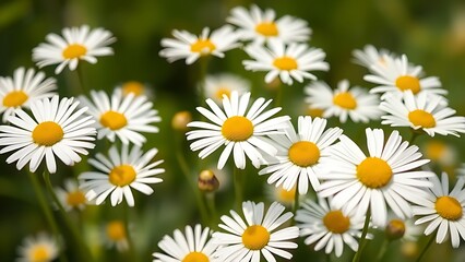 Fototapeta premium Softly focused white daisies bathed in natural daylight, creating a serene floral scene.