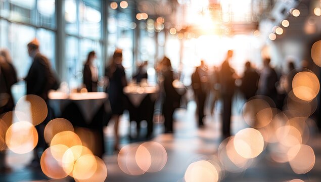 Blurred event with people mingling and warm lights