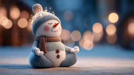 Cute Snowman Meditating Peacefully in Winter Landscape with Soft Glowing Lights Creating Calm Holiday Wellness and Mindfulness Concept