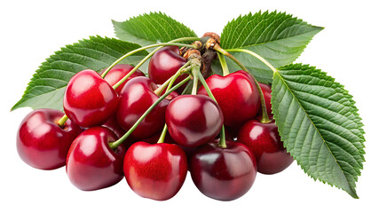 A bunch of fresh red cherries with green leaves on a branch against a black background close up shot on transparent background