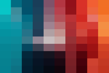 A vibrant abstract pixel mosaic featuring a smooth color gradient transition from cool blue and teal to warm red and orange tones, digital background art