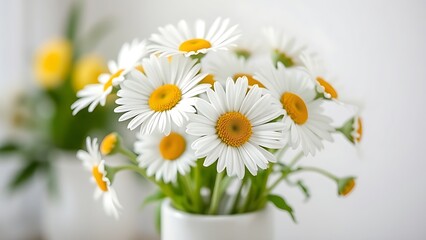 Fototapeta premium Simple white vase holding fresh daisies, illuminated by soft natural light.