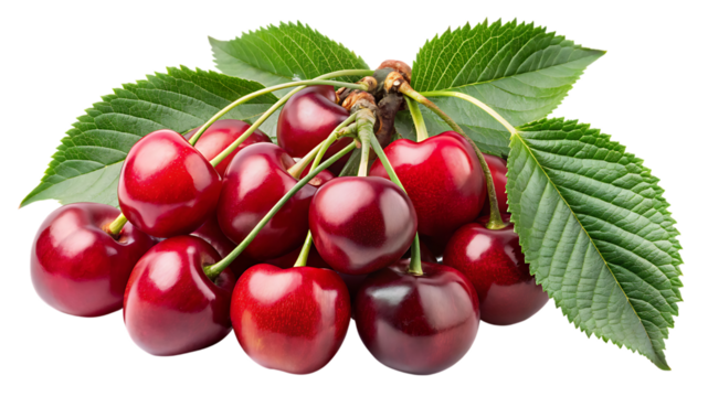 A bunch of fresh red cherries with green leaves on a branch against a black background close up shot on transparent background