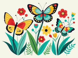 A vibrant and whimsical springtime illustration featuring delicate butterflies fluttering gracefully among a profusion of colorful blooming flowers and abundant lush green foliage