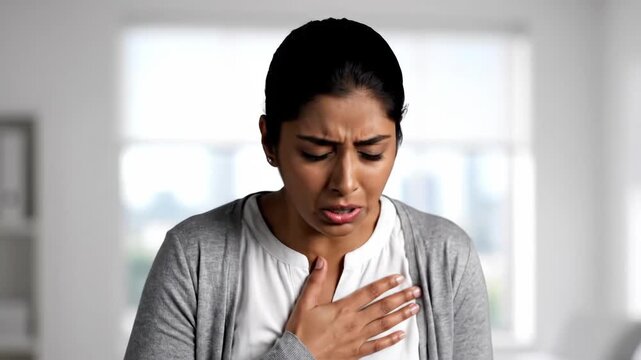 Woman Experiencing Physical Discomfort, Showing Emotional Strain And Possible Heart Pain