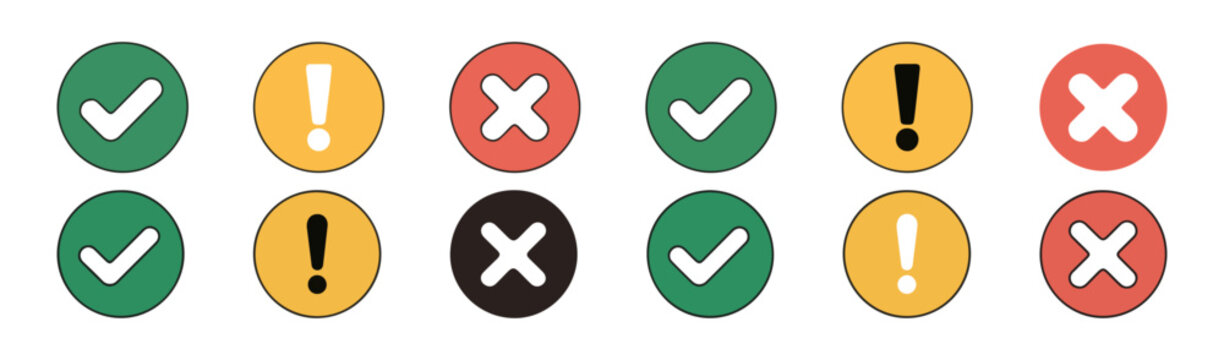 Collection of check marks, exclamation marks, and cross marks in circles. vector illustration