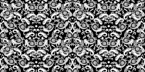 Black and White Henna Paisley Seamless Pattern | Luxury Floral Line Art, Hand Drawn Folk Art Design, Monochrome Vintage Textile & Wallpaper Background