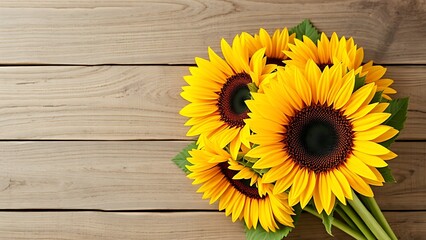 Fototapeta premium Sunflower bouquet on a rustic wooden surface with warm directional lighting.