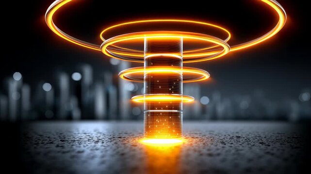 Futuristic glowing orange rings surround vertical digital tower emitting light and particles with signal beams advanced technology environment showcasing vibrant tech connectivity and data