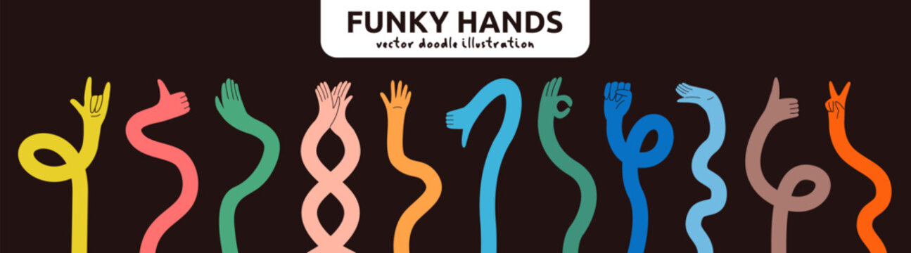 Cartoon Flexible Long Arm Hand in Black Background. Colorful Abstract Hands Flexible Gesture with Funky Style. Vector Doodle Illustration