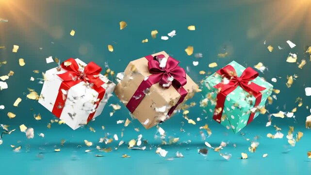 Floating gift box hovers above confetti. Three present boxes spin with ribbon and bow. Festive celebration vibes with holiday party atmosphere. Colorful wrapping and sparkling confetti fill frame.
