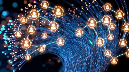 Digital network connection glowing user icons fiber optic cables futuristic communication social media interaction vibrant blue orange color scheme data exchange technology cable optic network user - Powered by Adobe