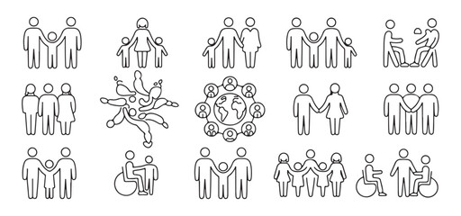 Set of 15 family and people line icons, such as parents, children, care, couple and group
