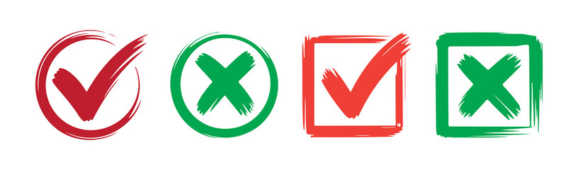 Four hand drawn grunge style check marks and crosses in red and green colors on white background
