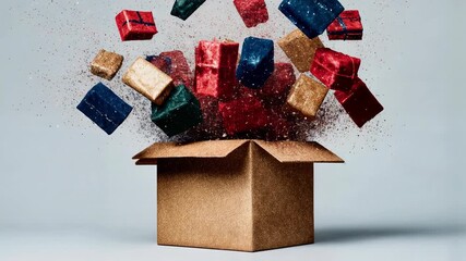 Colorful pile of wrapped presents bursts from open cardboard box on clean background symbolizing surprise holiday sale unboxing and generous Christmas celebration