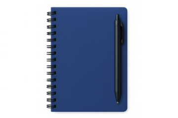 Blue spiral notebook with black pen, overhead view, concept of education, planning, work, or creativity, transparent background