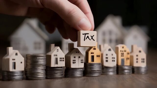 Hand Placing TAX Block On Miniature Houses Stacked On Coins Symbolizing Property Tax And Financial Planning