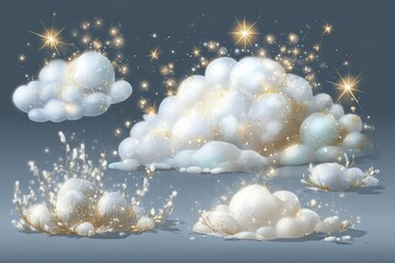 Luxury Christmas snow decoration set with glittering gold and silver sparkles on white snow caps