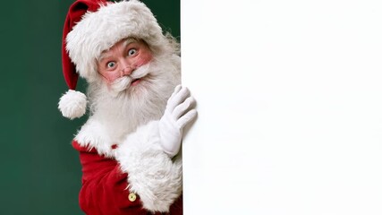 Smiling Santa peeks from behind large blank white panel on red background offering perfect space for Christmas sale message festive greeting or holiday promotion design - Powered by Adobe