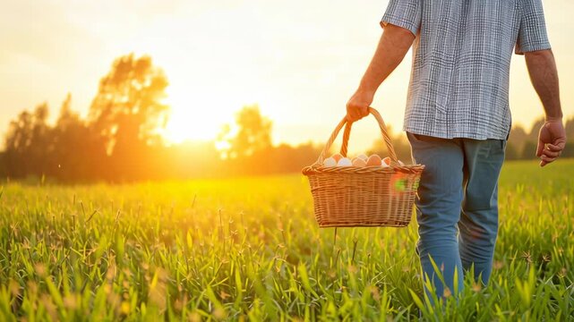 Man carrying basket full of fresh eggs walking through green field at sunrise with warm sunlight on rural farm nature grass peaceful natural environment golden hour farm atmosphere