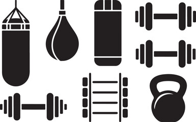 Vector illustration of fitness gym equipment set, punching bag, dumbbell, barbell, kettlebell, wall ladder, silhouette icons, exercise training symbol, flat graphic tools, sports health CAD drawing