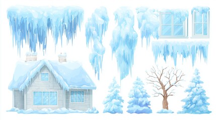 Winter elements set with icicles, tree branches, window frames, roof edges, white and light blue flat vector illustrations