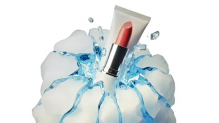Elegant Red Lipstick with Water Splash: Summer Beauty Cosmetics