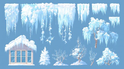 Snow caps and icicles collection with transparent background, various shapes, flat design cartoon vector style for Christmas decorations
