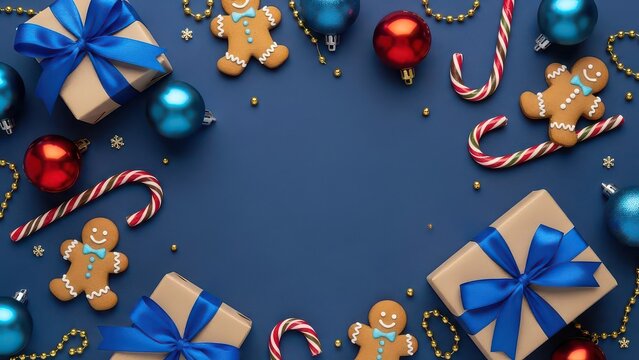 Festive christmas flat lay with gingerbread cookies candy canes blue and red baubles and gift boxes on a dark blue background - Powered by Adobe