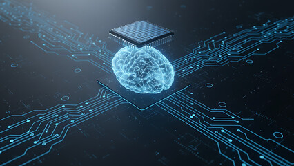 Futuristic digital landscape depicting brain-inspired AI microchip technology, High-Tech AI & Robotics