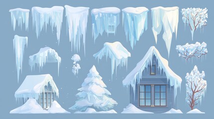  Snowy winter elements set with icicles, tree branches, window frames, roof edges, white and light blue flat vector illustrations