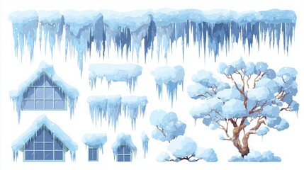 Winter snow caps and icicles collection with transparent background, various shapes, flat design cartoon vector style for Christmas decorations