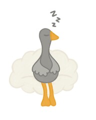 Cute Sleeping Goose Illustration on Cloud. Adorable Cozy Bird Character