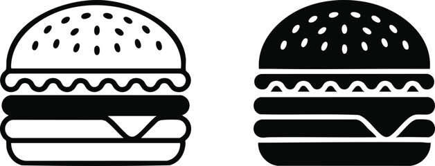 Outline and Filled Burger Icons, Black and White Hamburger Graphics, Simple Fast Food Burger Icon Set, Bun, Patty, and Cheese Sandwich Graphic, silhouette, vector, illustration.