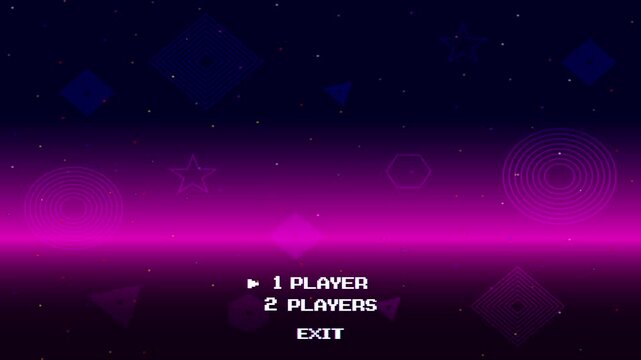 START GAME. pixel art .8 bit game. retro video game. Retro Futurism Sci-Fi Background. glowing neon grid and star from vintage arcade computer games